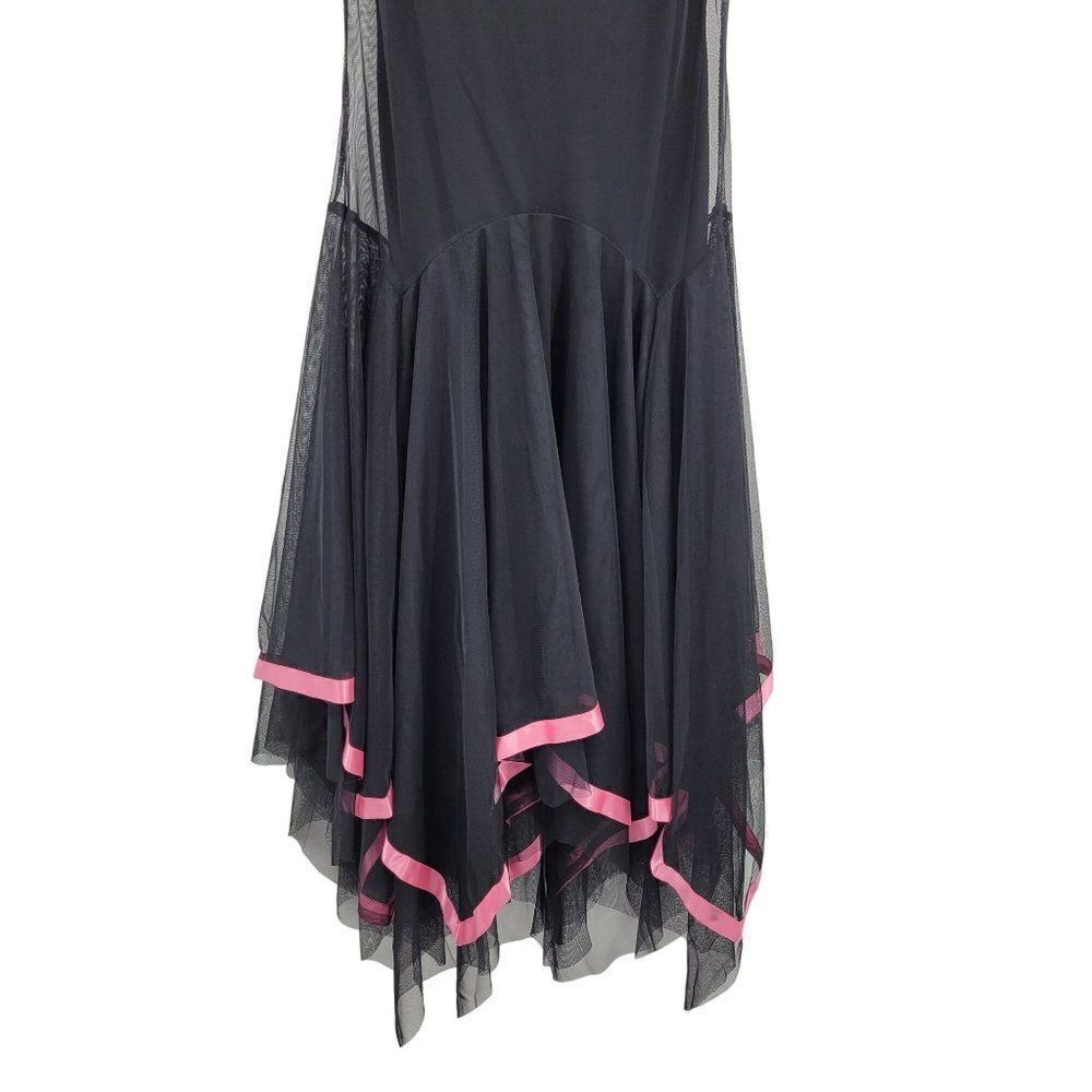 Vintage 90s Midi Dress M Black Mesh Overlay Pink Ribbon Trim Scarf Hem Goth - Picture 8 of 13